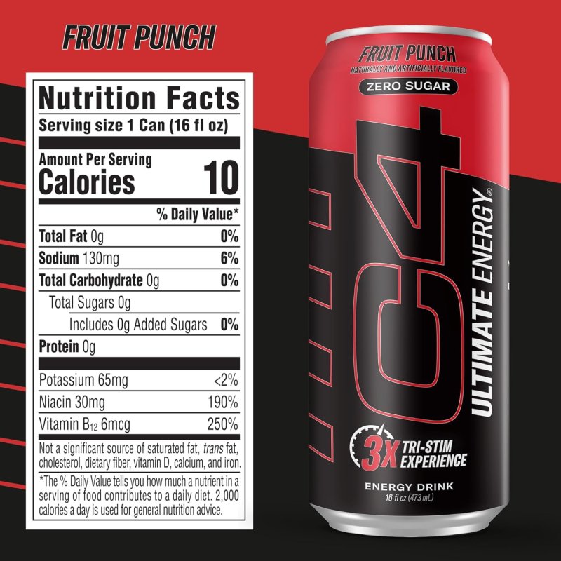 CELLUCOR C4 ULTIMATE PRE WORKOUT SUGAR FREE ENERGY DRINK TRI-STIM 300MG CAFFEINE TEACRINE DYNAMINE FRUIT PUNCH 16OZ PACK OF 12