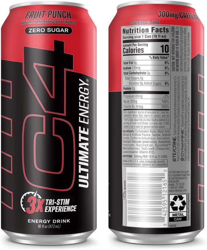 CELLUCOR C4 ULTIMATE PRE WORKOUT SUGAR FREE ENERGY DRINK TRI-STIM 300MG CAFFEINE TEACRINE DYNAMINE FRUIT PUNCH 16OZ PACK OF 12