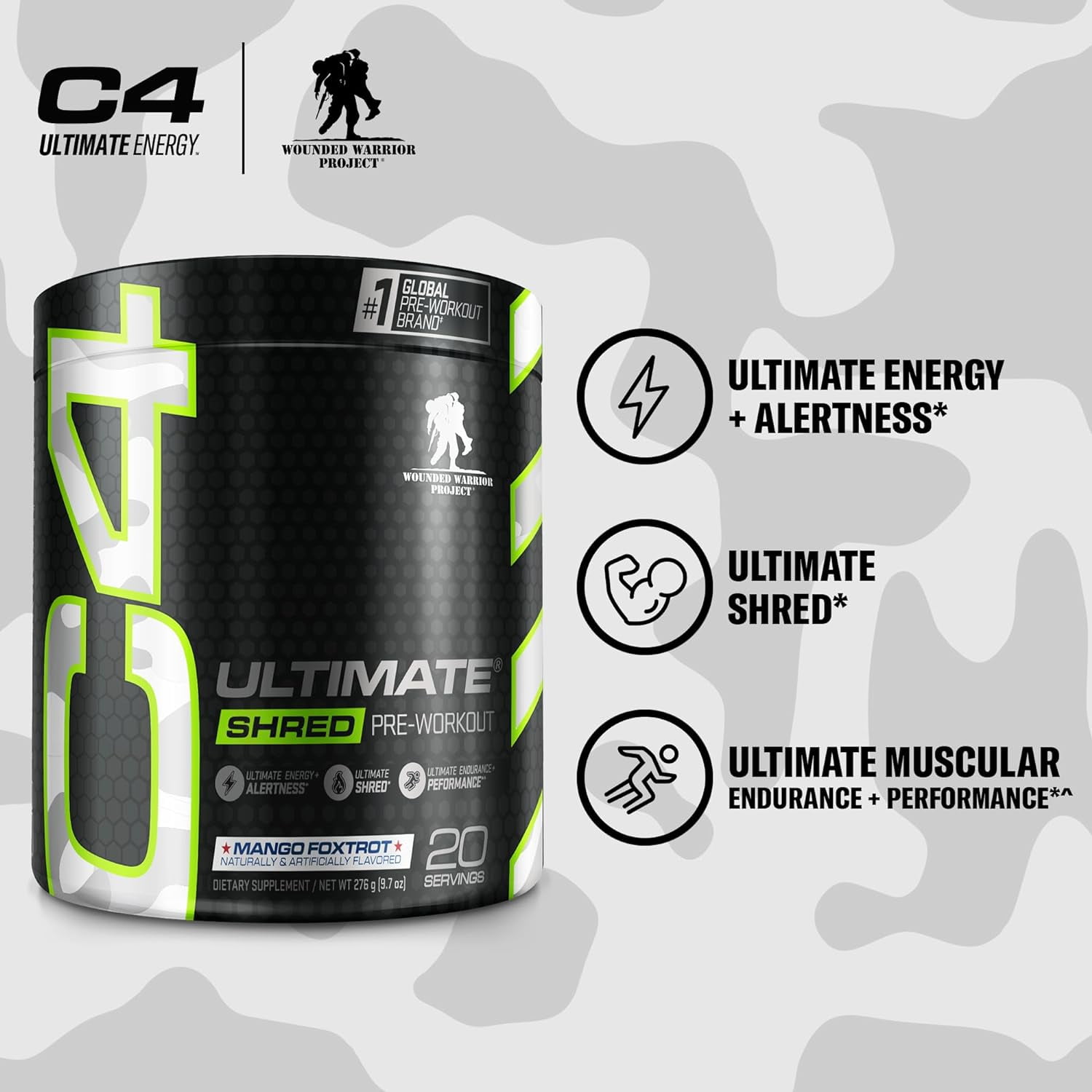 CELLUCOR C4 ULTIMATE SHRED X WOUNDED WARRIOR PROJECT PRE WORKOUT MANGO FOXTROT 20 SERVINGS
