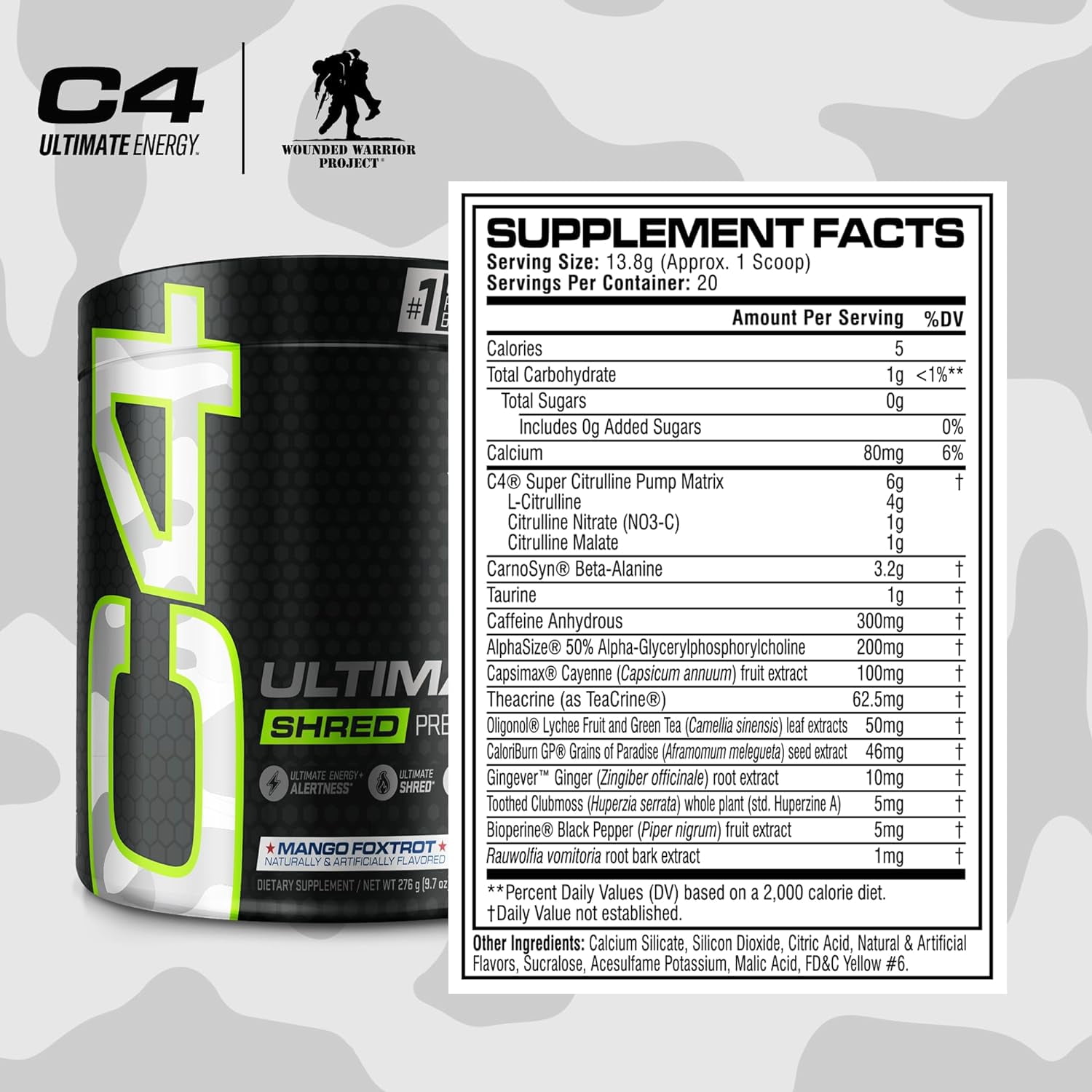 CELLUCOR C4 ULTIMATE SHRED X WOUNDED WARRIOR PROJECT PRE WORKOUT MANGO FOXTROT 20 SERVINGS