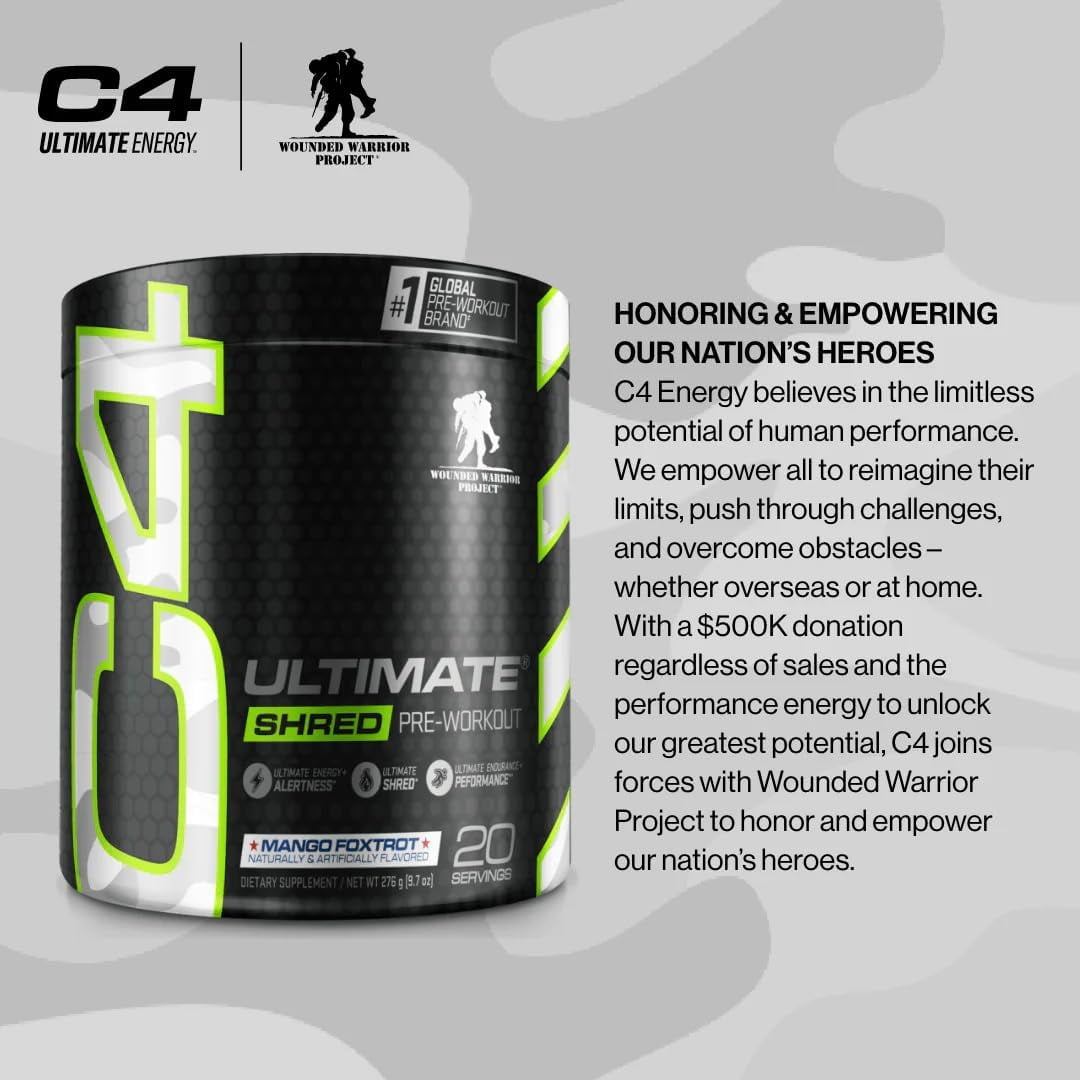 CELLUCOR C4 ULTIMATE SHRED X WOUNDED WARRIOR PROJECT PRE WORKOUT MANGO FOXTROT 20 SERVINGS
