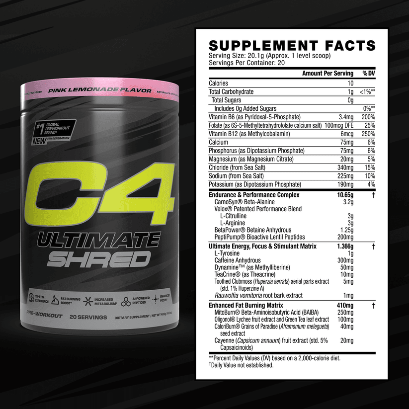 CELLUCOR C4 ULTIMATE SHRED PINK LEMONADE PRE-WORKOUT POWDER 20 SERVINGS