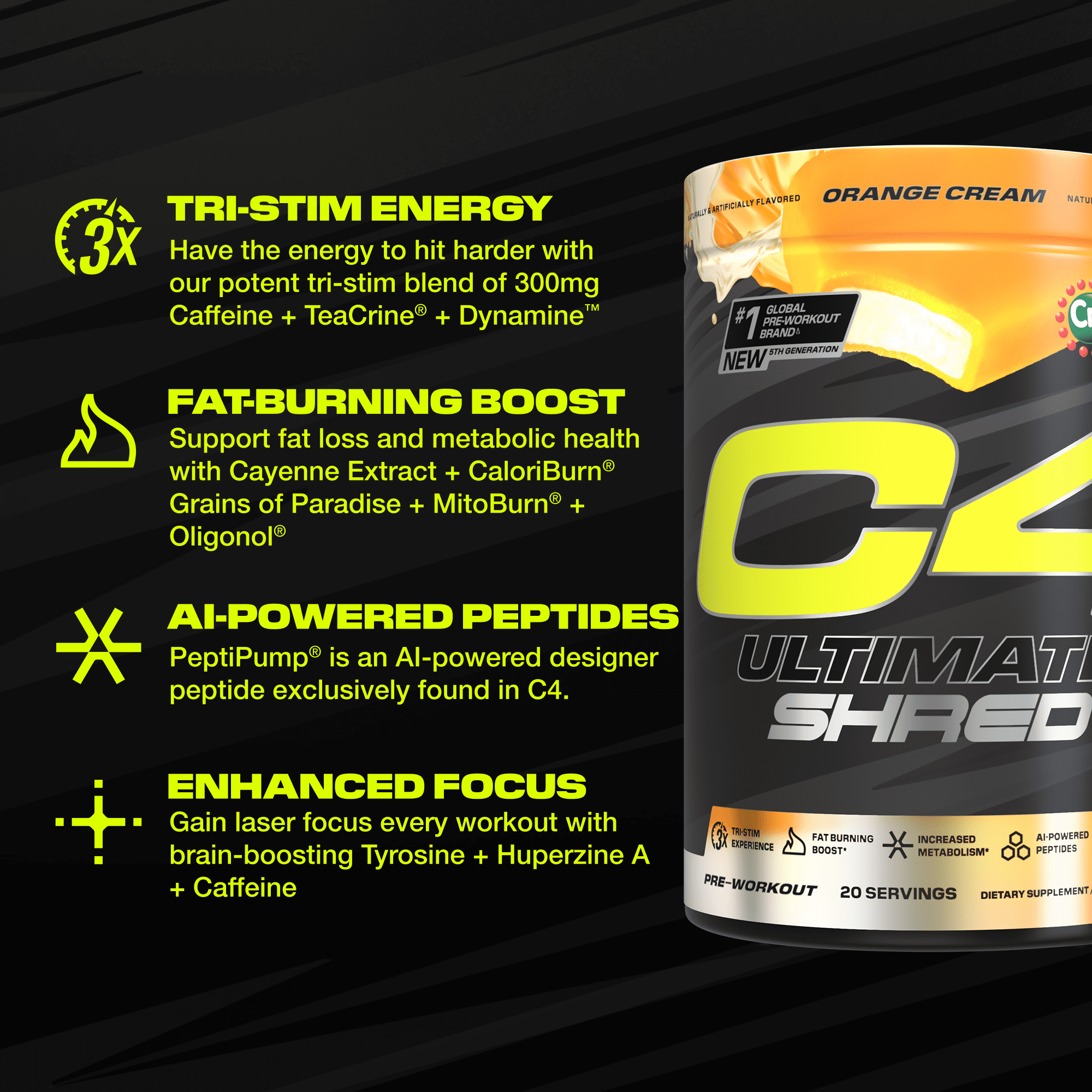 CELLUCOR C4 ULTIMATE SHRED PREWORKOUT POWDER ORANGE CREAMSICLE FLAVOR 20 SERVINGS