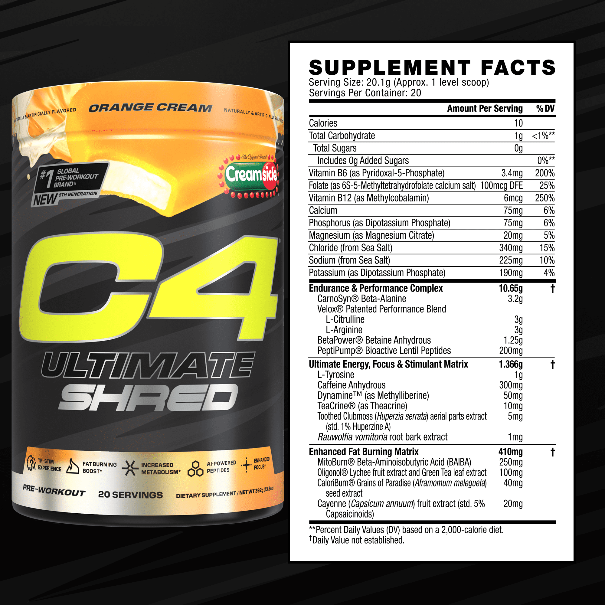 CELLUCOR C4 ULTIMATE SHRED PREWORKOUT POWDER ORANGE CREAMSICLE FLAVOR 20 SERVINGS
