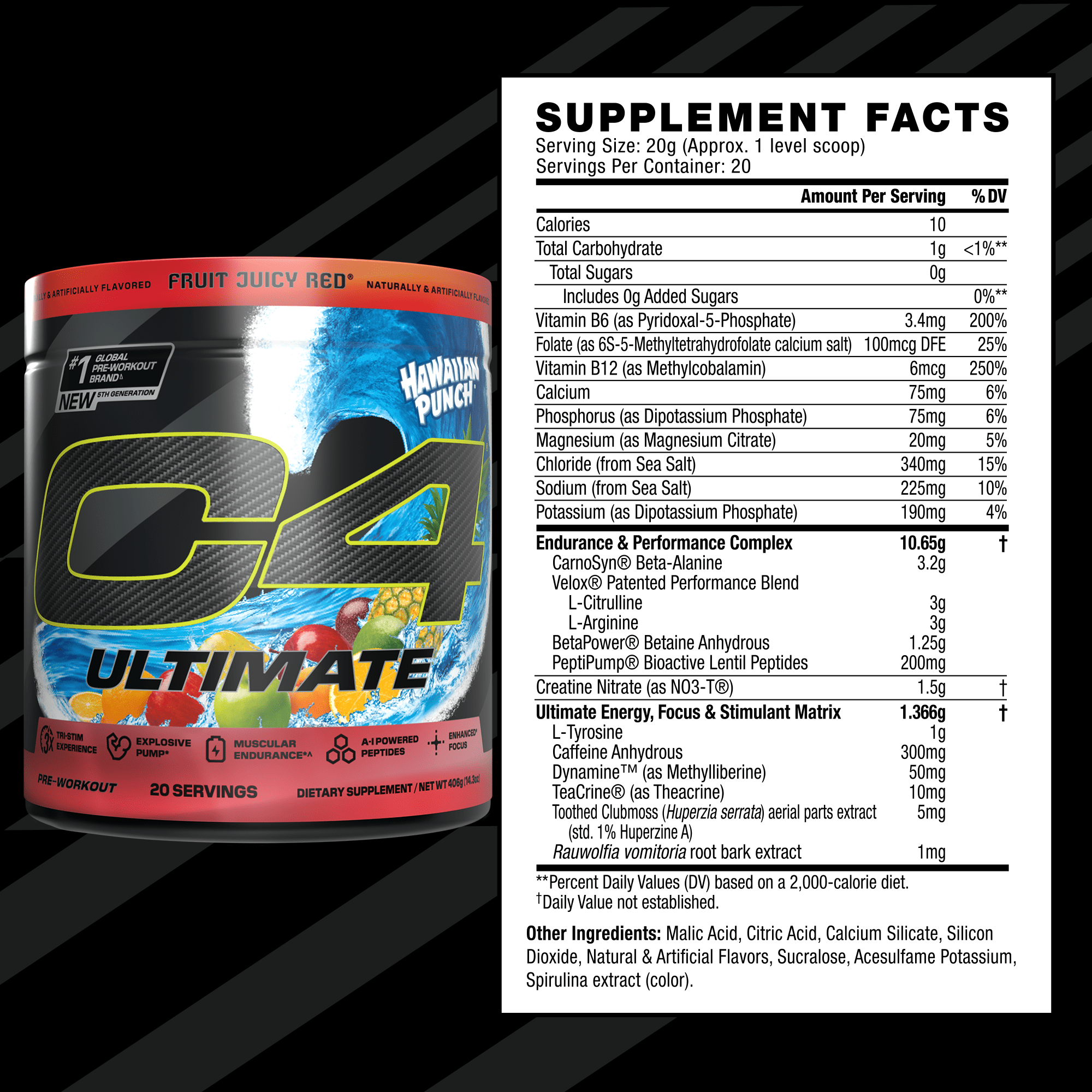 CELLUCOR C4 ULTIMATE PRE-WORKOUT POWDER HAWAIIAN PUNCH FRUIT JUICY RED 20 SERVINGS