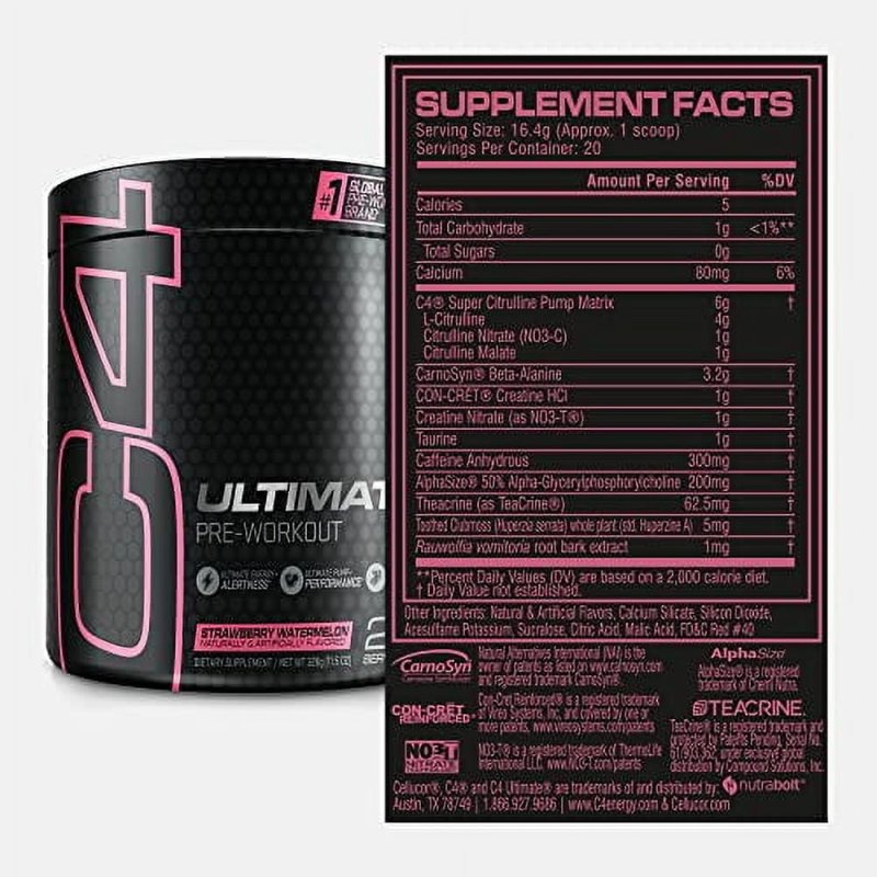 CELLUCOR C4 ULTIMATE WATERMELON PRE WORKOUT POWDER FOR ENERGY BOOST - MEN & WOMEN - CAFFEINE, BETA ALANINE, CREATINE - 20 SERVINGS