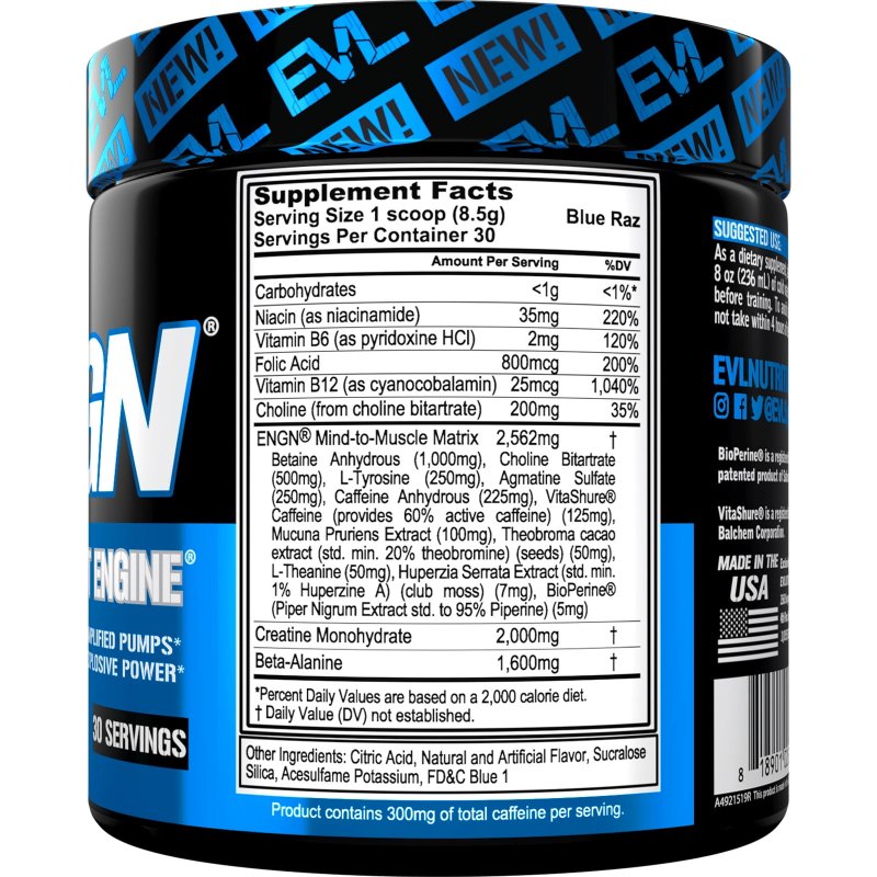 EVLUTION  NUTRITION ENGN PRE WORKOUT POWDER - BLUE RAZ, 30 SERVINGS (WITH CREATINE)