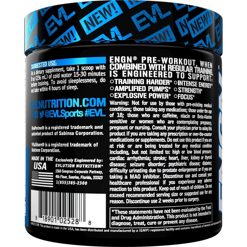 EVLUTION  NUTRITION ENGN PRE WORKOUT POWDER - BLUE RAZ, 30 SERVINGS (WITH CREATINE)