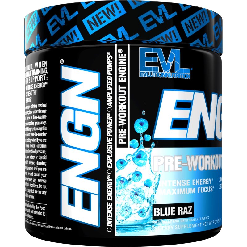 EVLUTION  NUTRITION ENGN PRE WORKOUT POWDER - BLUE RAZ, 30 SERVINGS (WITH CREATINE)