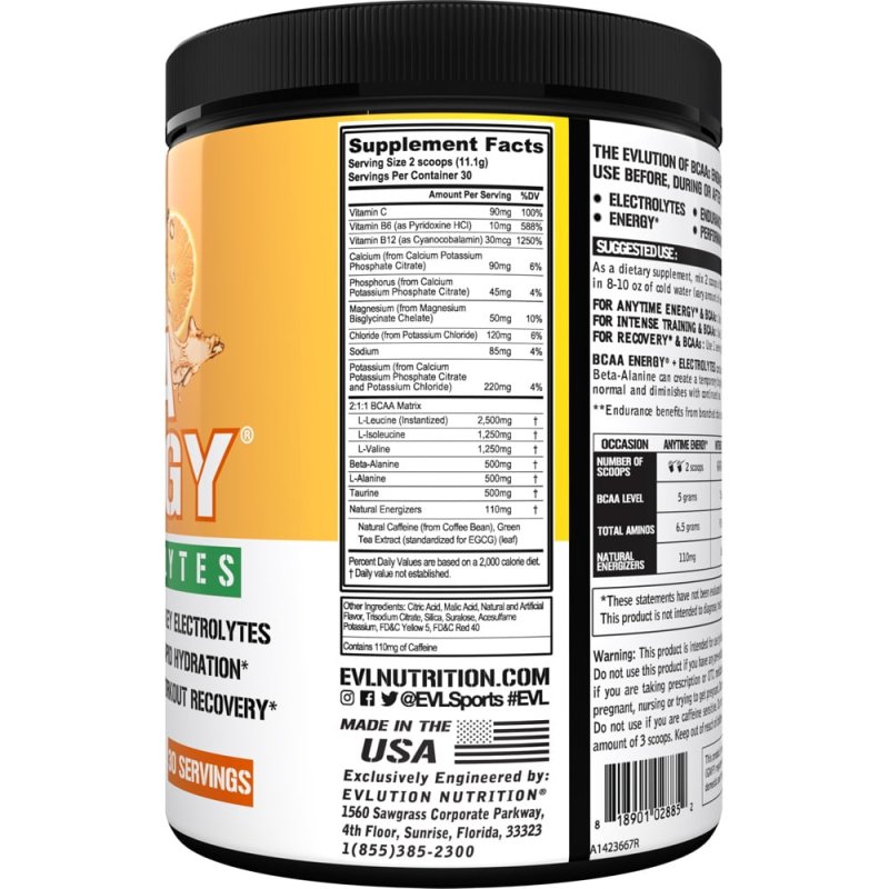 EVLUTION NUTRITION BCAA ENERGY ELECTROLYTES PRE-WORKOUT RECOVERY POWDER 5G BCAA ENERGY ENDURANCE LEAN MUSCLE GROWTH AMINO ACID SUPPLEMENT RECOVERY DRINK 30 SERVINGS ORANGE MANGO