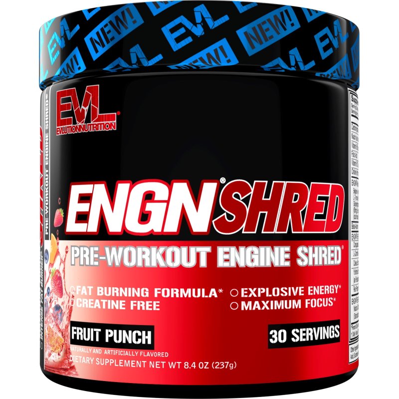 EVLUTION NUTRITION ENGN SHRED PRE WORKOUT POWDER - THERMOGENIC FAT BURNER - CREATINE FREE - 30 SERVINGS - FRUIT PUNCH FLAVOR