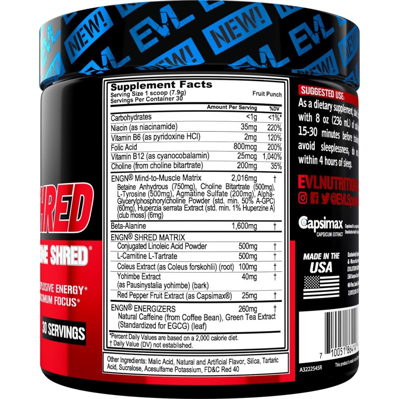 EVLUTION NUTRITION ENGN SHRED PRE WORKOUT POWDER - THERMOGENIC FAT BURNER - CREATINE FREE - 30 SERVINGS - FRUIT PUNCH FLAVOR