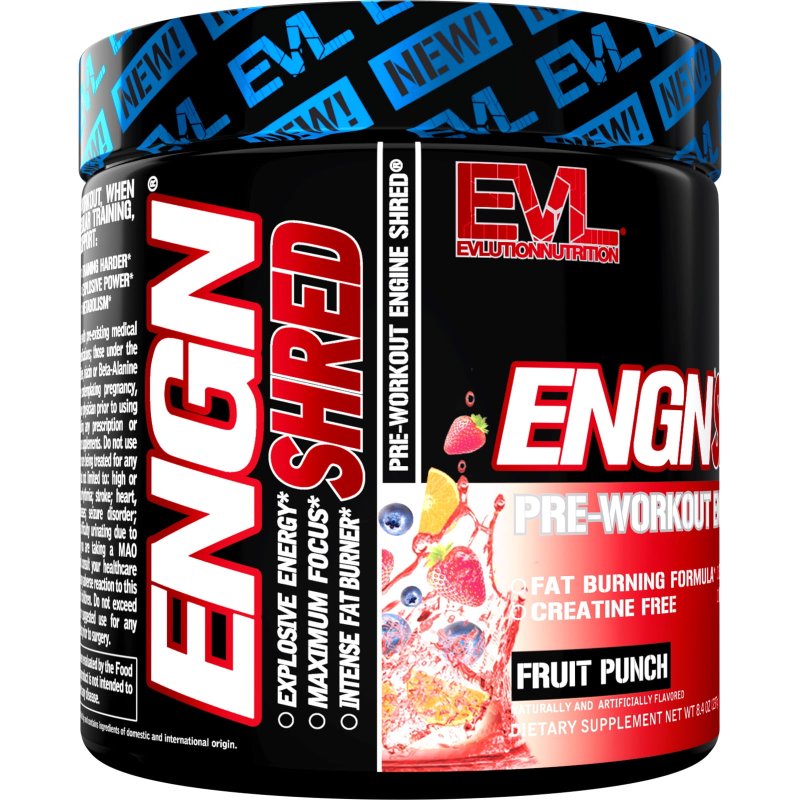 EVLUTION NUTRITION ENGN SHRED PRE WORKOUT POWDER - THERMOGENIC FAT BURNER - CREATINE FREE - 30 SERVINGS - FRUIT PUNCH FLAVOR