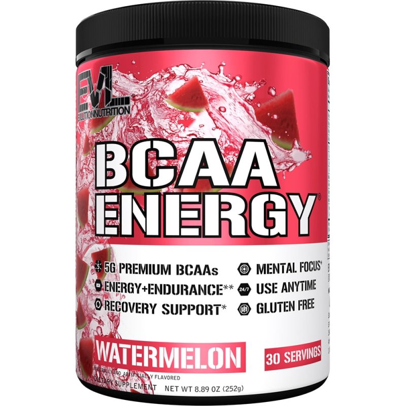 EVLUTION NUTRITION BCAA POWDER PRE WORKOUT ENERGY 30 SERVINGS WATERMELON FLAVOR WITH VITAMIN B12 AND C