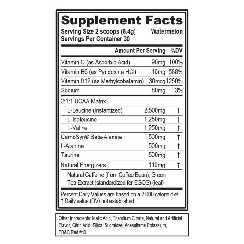 EVLUTION NUTRITION BCAA POWDER PRE WORKOUT ENERGY 30 SERVINGS WATERMELON FLAVOR WITH VITAMIN B12 AND C
