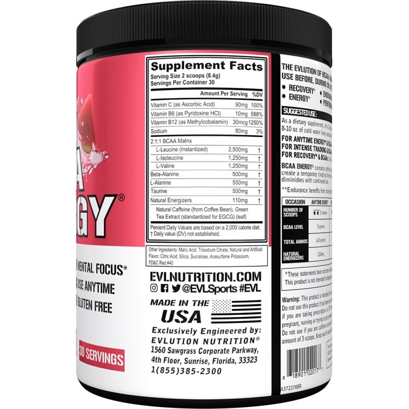 EVLUTION NUTRITION BCAA POWDER PRE WORKOUT ENERGY 30 SERVINGS WATERMELON FLAVOR WITH VITAMIN B12 AND C