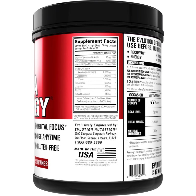 EVLUTION NUTRITION BCAA ENERGY POWDER 65 SERVINGS CHERRY LIMEADE - ENDURANCE MUSCLE RECOVERY DRINK WITH VITAMIN B12 & C