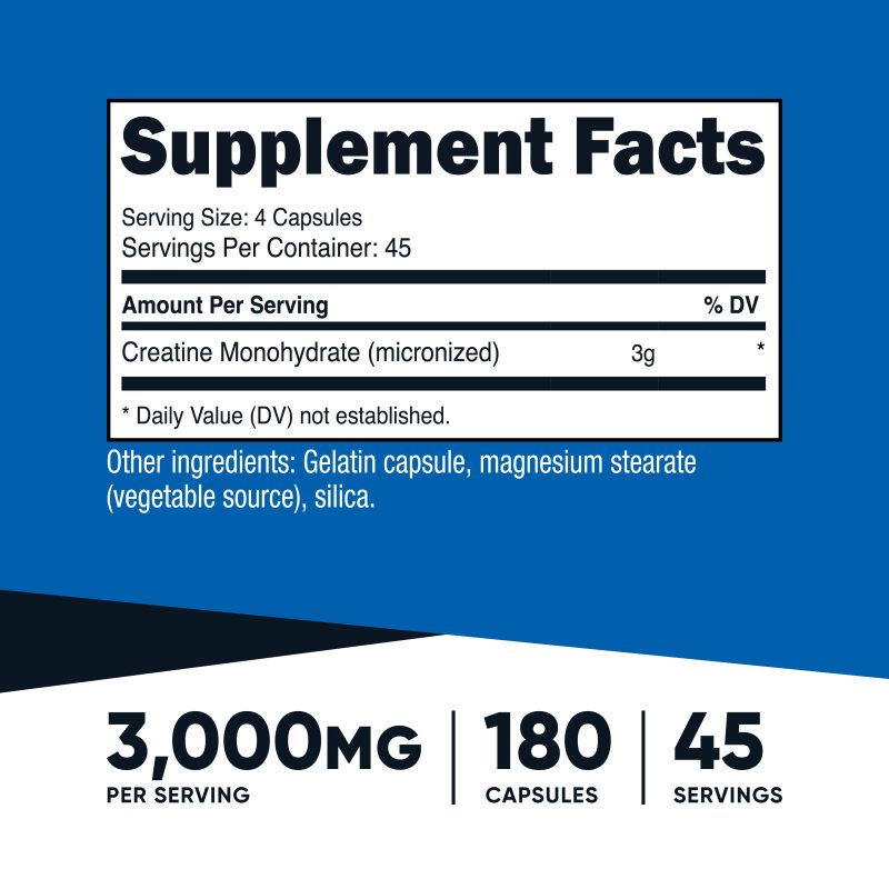 NUTRICOST CREATINE MONOHYDRATE 3000MG 180 CAPSULES 750MG PER CAPSULE SUPPLEMENT