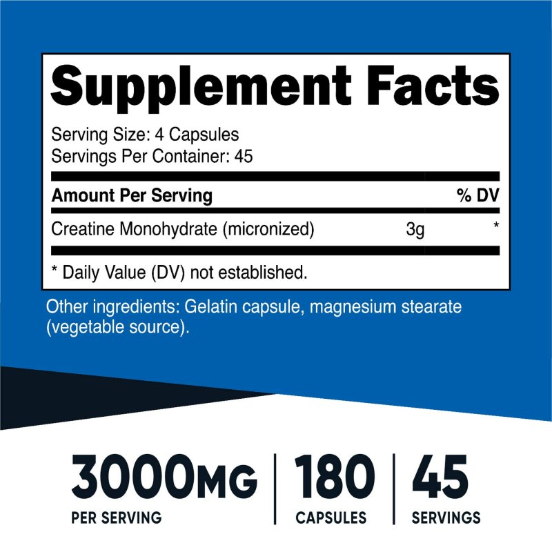 NUTRICOST CREATINE MONOHYDRATE 3000MG 180 CAPSULES 750MG PER CAPSULE SUPPLEMENT