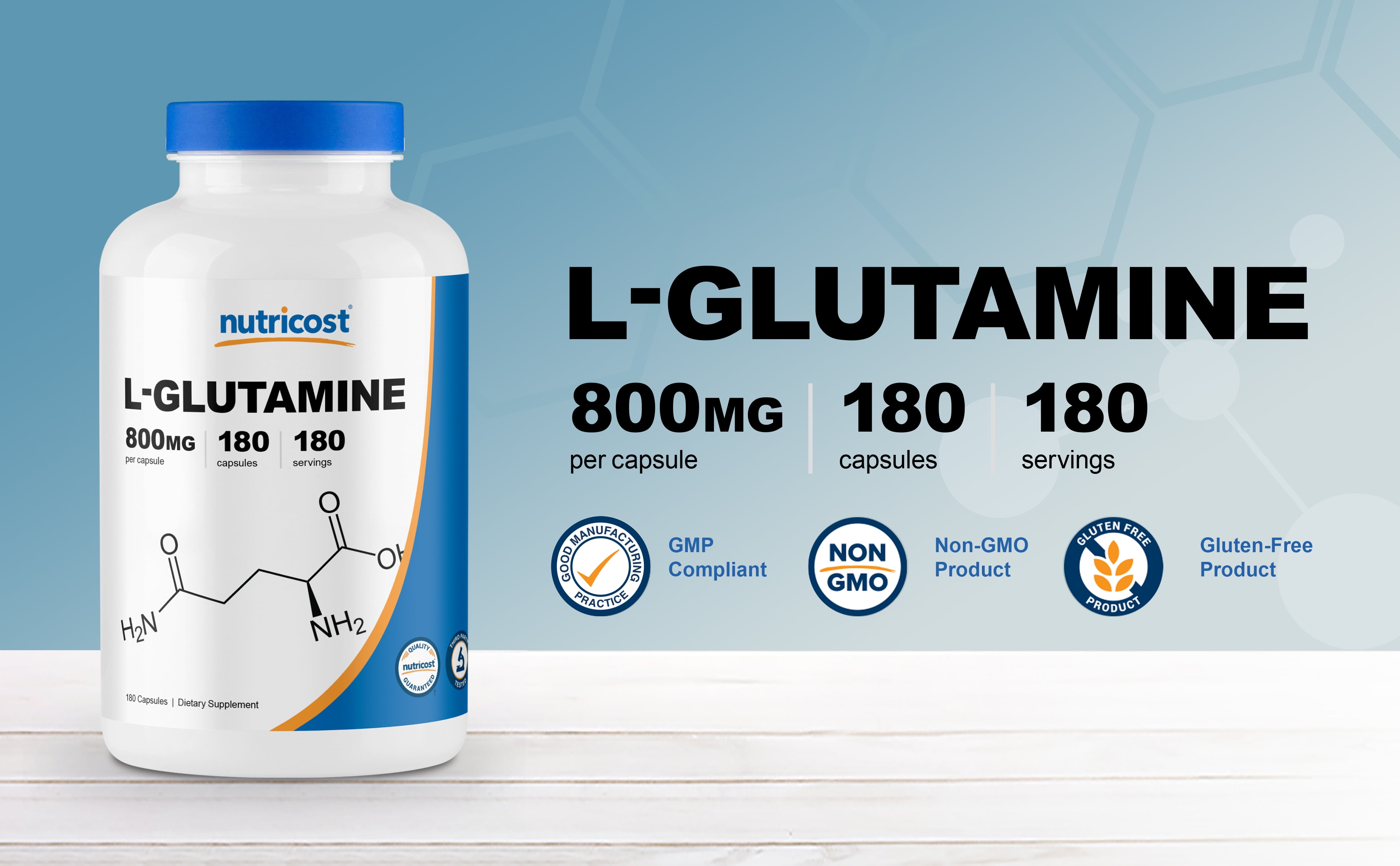 NUTRICOST L GLUTAMINE 800MG 180 CAPSULES GLUTEN FREE NON GMO HEALTH SUPPLEMENT