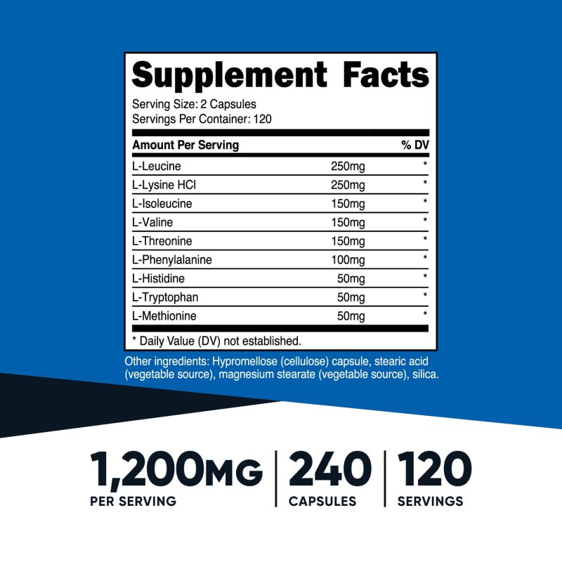 NUTRICOST EAA CAPSULES 1200MG 120 SERVINGS 240 CAPSULES ESSENTIAL AMINO ACIDS NON-GMO GLUTEN