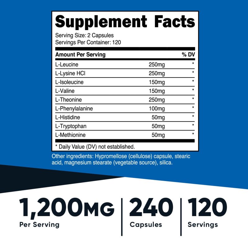 NUTRICOST EAA CAPSULES 1200MG 120 SERVINGS 240 CAPSULES ESSENTIAL AMINO ACIDS NON-GMO GLUTEN