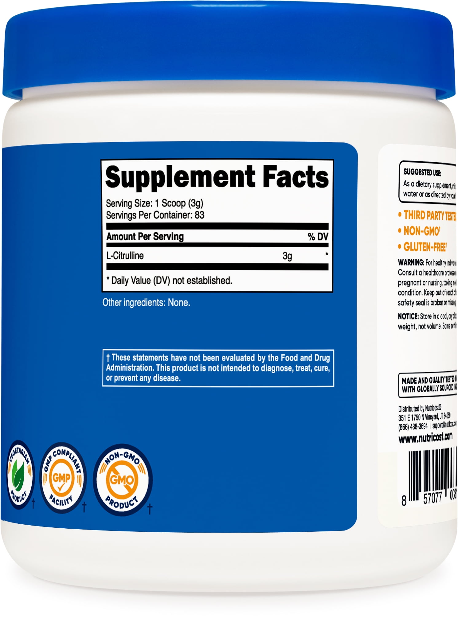 NUTRICOST PURE LCITRULLINE BASE POWDER 250 GRAMS VEGETARIAN HEALTH SUPPLEMENT