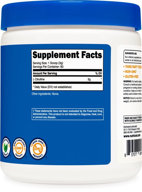 NUTRICOST PURE LCITRULLINE BASE POWDER 250 GRAMS VEGETARIAN HEALTH SUPPLEMENT