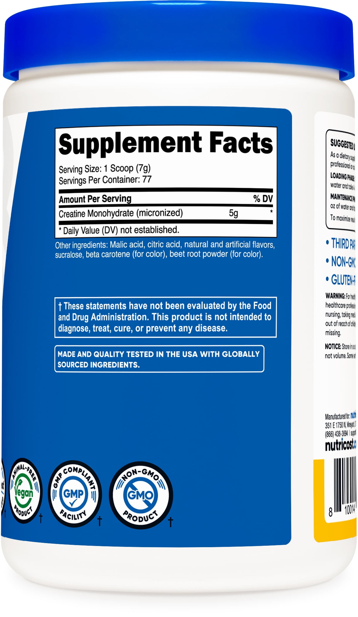 NUTRICOST PINEAPPLE MANGO CREATINE MONOHYDRATE POWDER 500G - MICRONIZED SUPPLEMENT - VEGAN NON-GMO GLUTEN