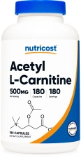NUTRICOST ACETYL L-CARNITINE 500MG 180 CAPSULES NON-GMO GLUTEN FREE SUPPLEMENT