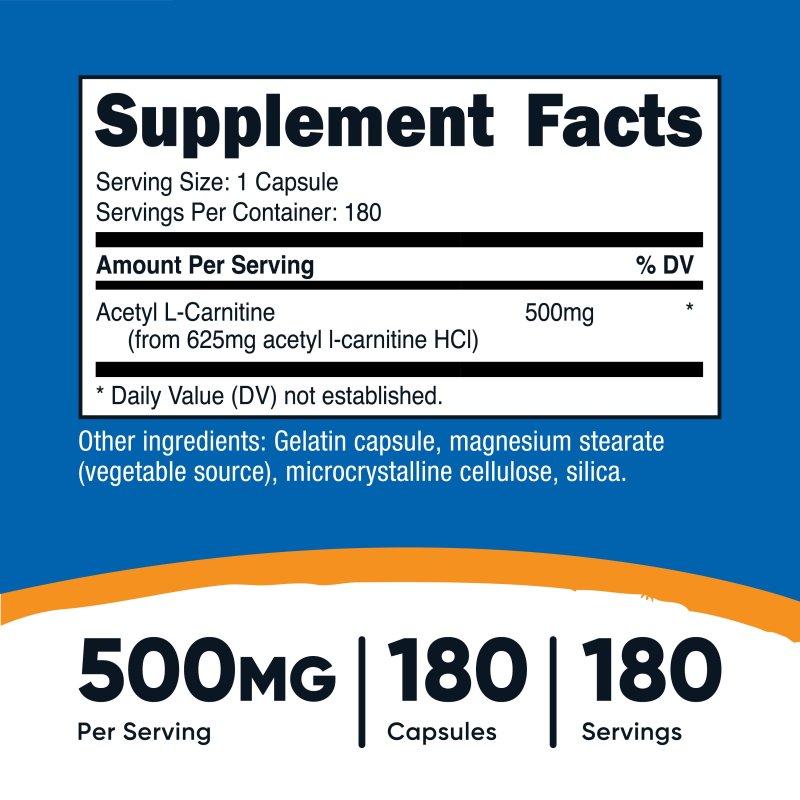 NUTRICOST ACETYL L-CARNITINE 500MG 180 CAPSULES NON-GMO GLUTEN FREE SUPPLEMENT