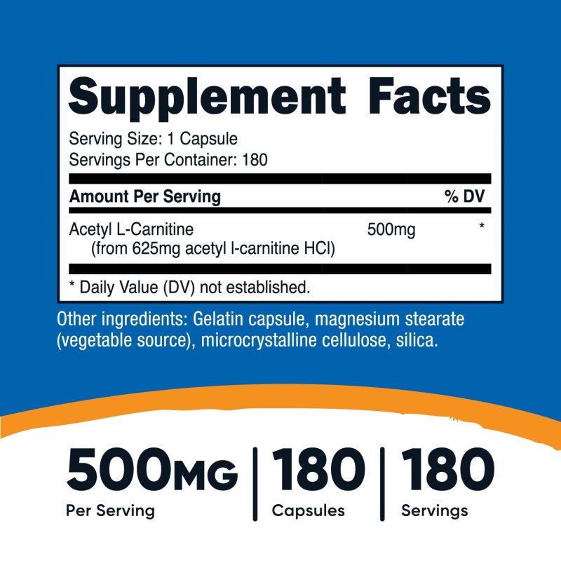 NUTRICOST ACETYL L-CARNITINE 500MG 180 CAPSULES NON-GMO GLUTEN FREE SUPPLEMENT