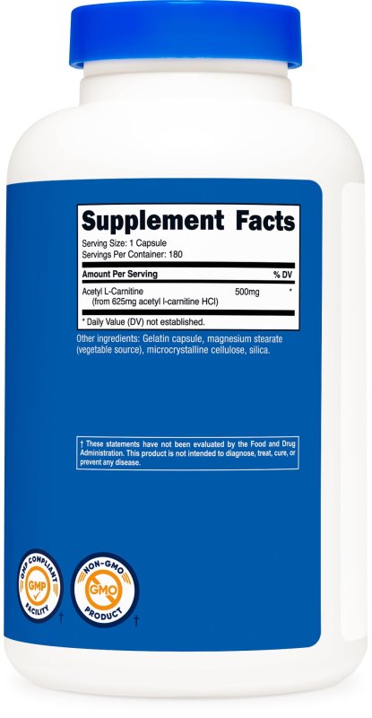 NUTRICOST ACETYL L-CARNITINE 500MG 180 CAPSULES NON-GMO GLUTEN FREE SUPPLEMENT