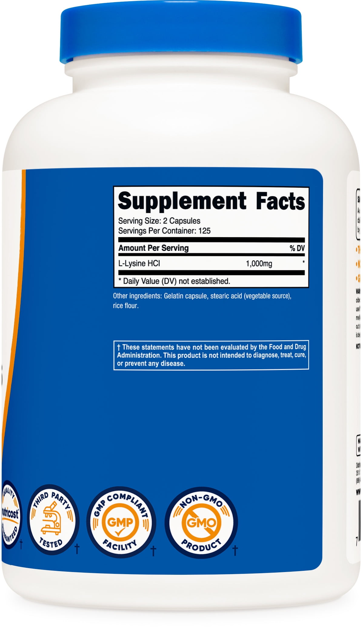 NUTRICOST L-LYSINE 1000MG 250 CAPSULES 500MG PER CAPSULE SUPPLEMENT