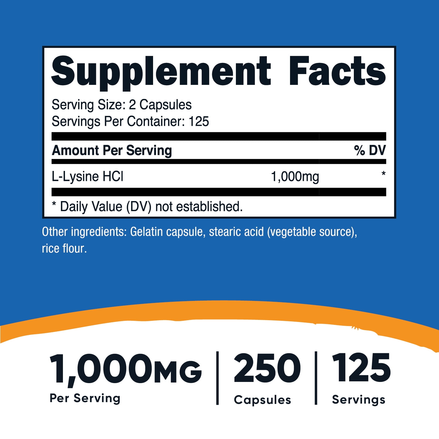 NUTRICOST L-LYSINE 1000MG 250 CAPSULES 500MG PER CAPSULE SUPPLEMENT