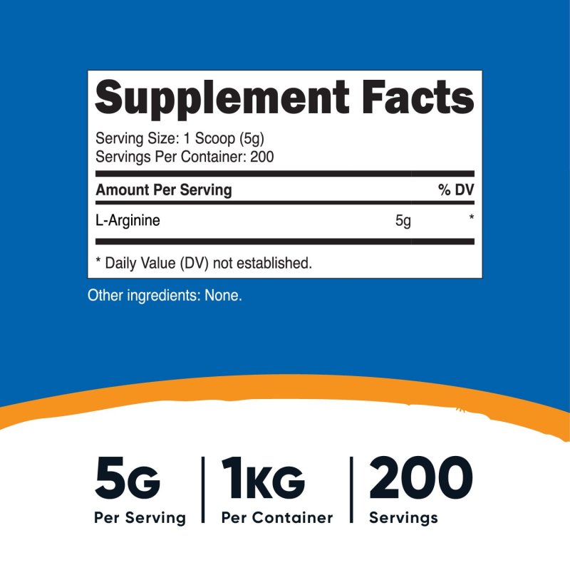 NUTRICOST L-ARGININE POWDER 1KG 5G PER SERVING NON-GMO GLUTEN FREE SUPPLEMENT