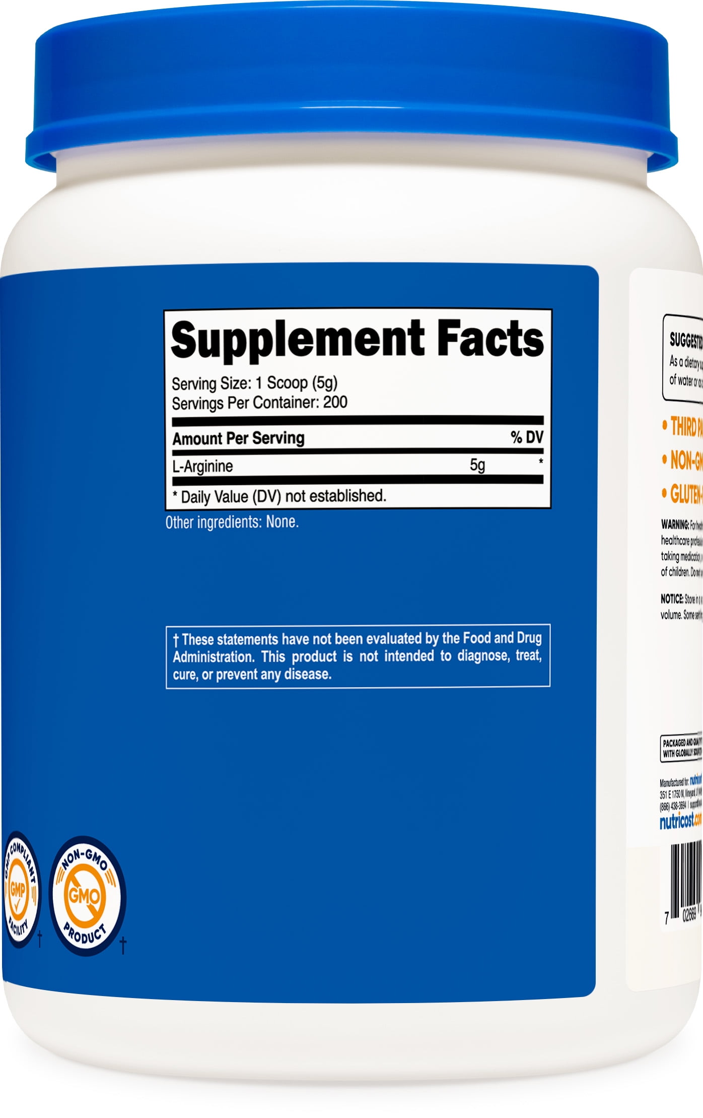 NUTRICOST L-ARGININE POWDER 1KG 5G PER SERVING NON-GMO GLUTEN FREE SUPPLEMENT