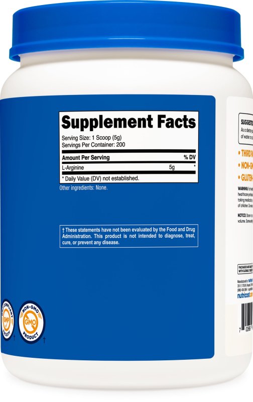 NUTRICOST L-ARGININE POWDER 1KG 5G PER SERVING NON-GMO GLUTEN FREE SUPPLEMENT