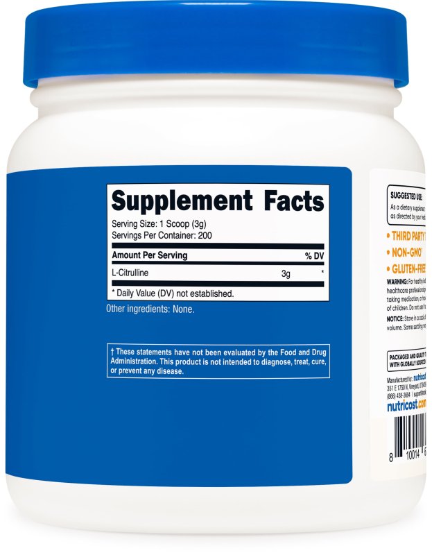 NUTRICOST L-CITRULLINE POWDER 600G - MALATE-FREE NON-GMO SUPPLEMENT FOR ENHANCED PERFORMANCE