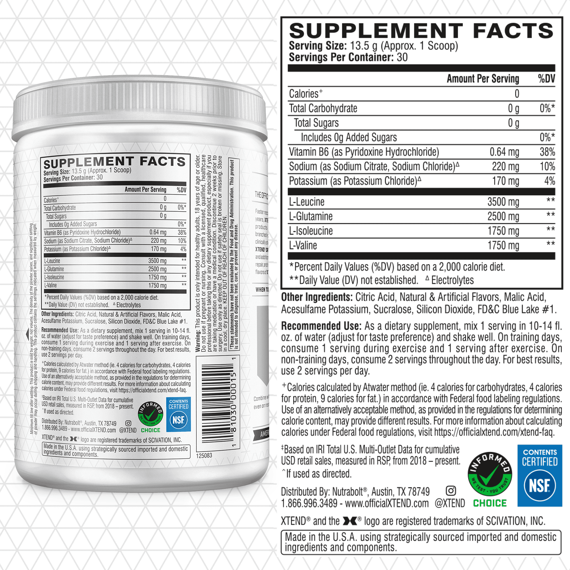 XTEND  ORIGINAL BLUE RASPBERRY ICE BCAAS 30 SERVINGS HYDRATION RECOVERY