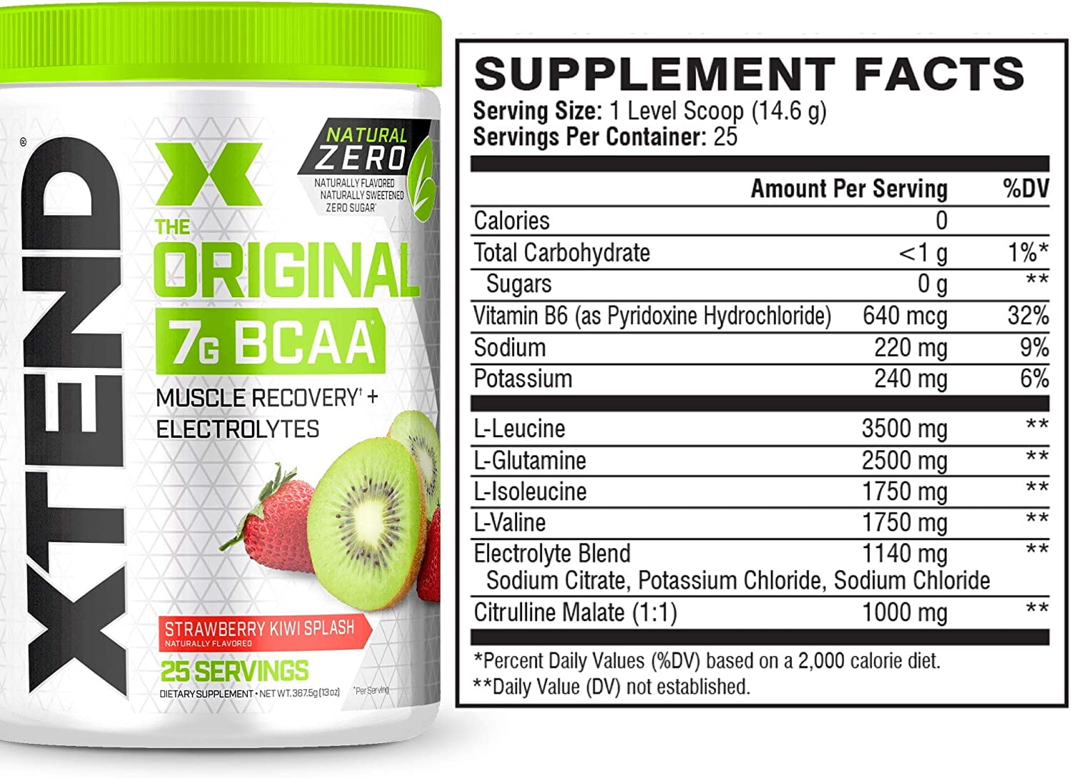 XTEND ORIGINAL 7G BCAA POWDER FOR MUSCLE RECOVERY SUGAR-FREE STRAWBERRY KIWI SPLASH 25 SERVINGS