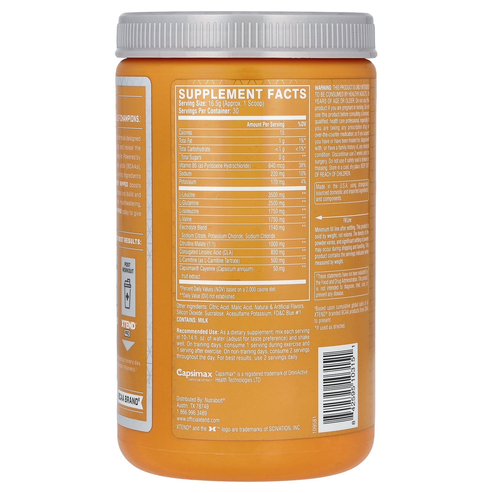 XTEND RIPPED 7G BCAA POWDER MUSCLE RECOVERY SUGAR-FREE BLUEBERRY LEMONADE 30 SERVINGS