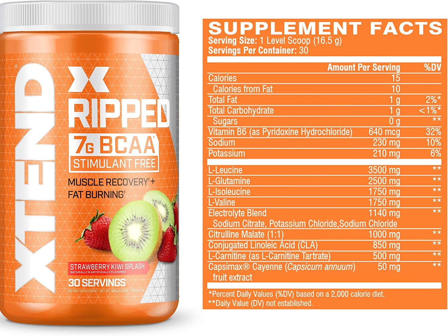 XTEND RIPPED 7G BCAA POWDER MUSCLE RECOVERY SUGAR-FREE STRAWBERRY KIWI SPLASH 30 SERVINGS