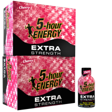 5-HOUR ENERGY BOOST ENERGY LEVELS WITH 24 COUNT CHERRY FLAVORED EXTRA STRENGTH 5-HOUR ENERGY SHOTS