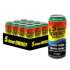 5-HOUR ENERGY EXTRA STRENGTH WATERMELON ENERGY DRINK 16 OZ CANS 12 COUNT SUGAR-FREE ZERO CALORIES VITAMINS AMINO ACIDS CARBONATION 230MG CAFFEINE