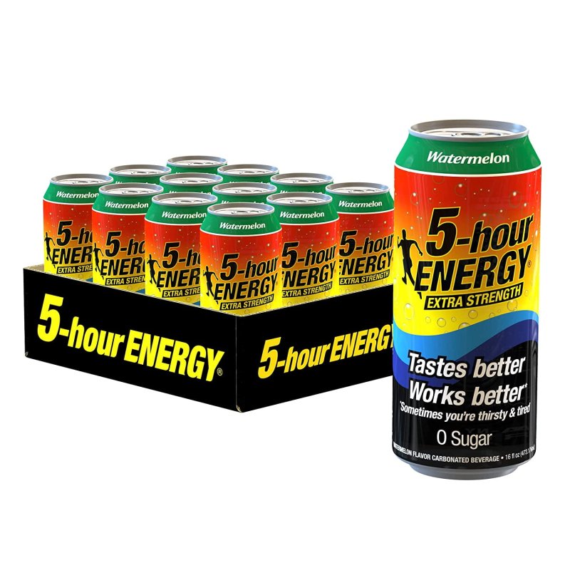 5-HOUR ENERGY EXTRA STRENGTH WATERMELON ENERGY DRINK 16 OZ CANS 12 COUNT SUGAR-FREE ZERO CALORIES VITAMINS AMINO ACIDS CARBONATION 230MG CAFFEINE