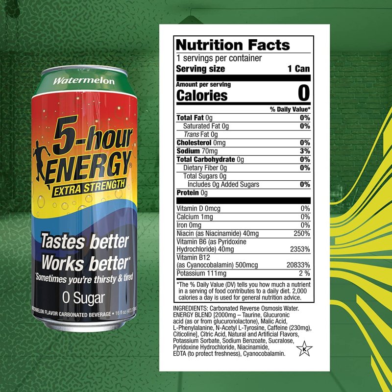 5-HOUR ENERGY EXTRA STRENGTH WATERMELON ENERGY DRINK 16 OZ CANS 12 COUNT SUGAR-FREE ZERO CALORIES VITAMINS AMINO ACIDS CARBONATION 230MG CAFFEINE
