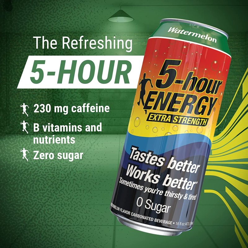 5-HOUR ENERGY EXTRA STRENGTH WATERMELON ENERGY DRINK 16 OZ CANS 12 COUNT SUGAR-FREE ZERO CALORIES VITAMINS AMINO ACIDS CARBONATION 230MG CAFFEINE