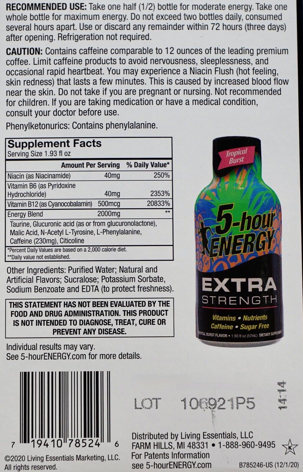 5 HOUR ENERGY SHOT TROPICAL BURST EXTRA STRENGTH SUGAR FREE 24 OR 12 BOTTLES
