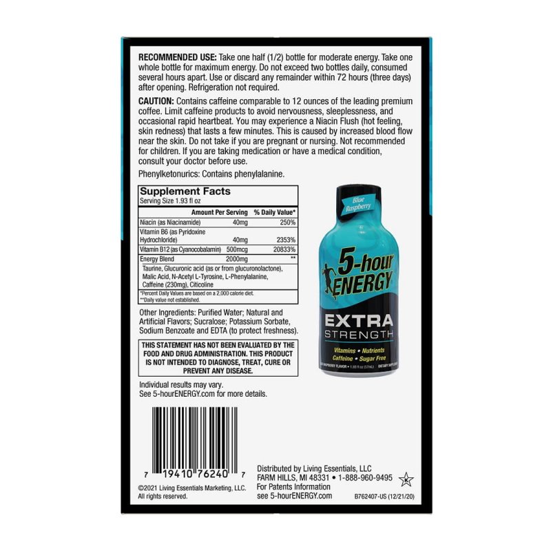 5 HOUR ENERGY EXTRA STRENGTH BLUE RASPBERRY 24 PACK FOR QUICK ENERGY BOOST